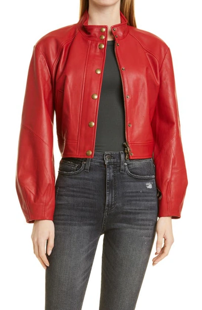 Shop Veronica Beard Nimah Crop Leather Jacket In Vintage Red