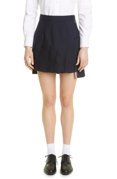 Shop Thom Browne Step Hem Pleated Wool Blend Miniskirt In Navy