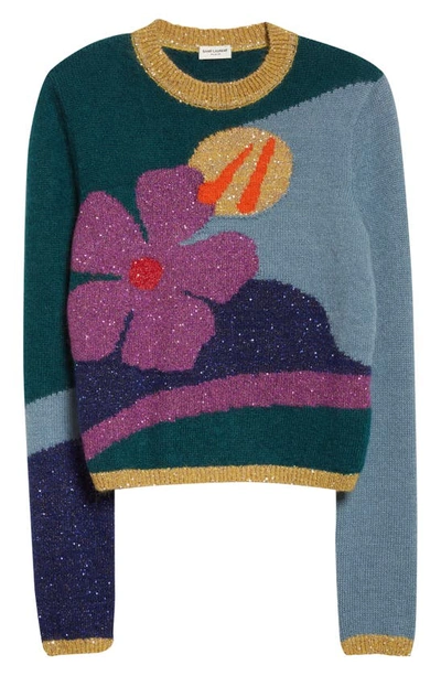 Shop Saint Laurent Pop Art Sequin Floral Jacquard Sweater In Multicolore/ Brillant