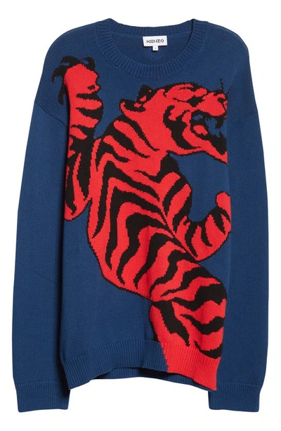 Kenzo Year Of The Tiger Climbing Tiger Intarsia Cotton Sweater Blue ModeSens