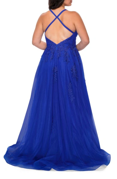 Shop La Femme Embroidered & Beaded Tulle Ballgown In Royal Blue