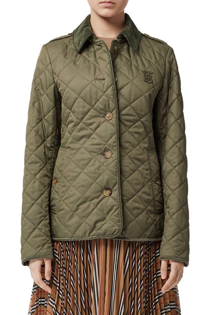 Burberry Monogram Motif Diamond Quilted Jacket In Olive Green ModeSens