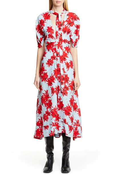 Shop Proenza Schouler Floral Tie Neck Georgette Midi Dress In Red/ Baby Blue Splatter