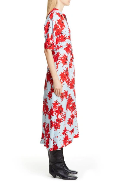 Shop Proenza Schouler Floral Tie Neck Georgette Midi Dress In Red/ Baby Blue Splatter