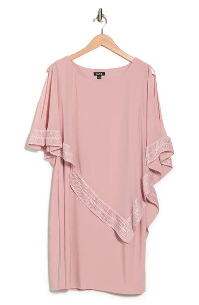 Slny Foil Trim Asymmetrical Popover Capelet Sheath Dress In Faded Rose Silver