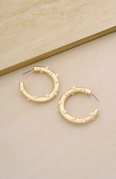 Shop Ettika Imitation Pearl Hoop Earrings In Gold