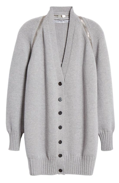 Shop Alexander Wang Zip Shoulder Merino Wool Cardigan In Heather Grey