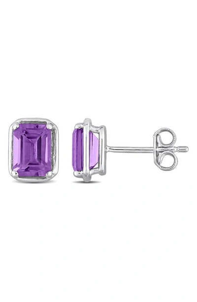 Shop Delmar Sterling Silver Emerald Cut Amethyst Stud Earrings In Purple