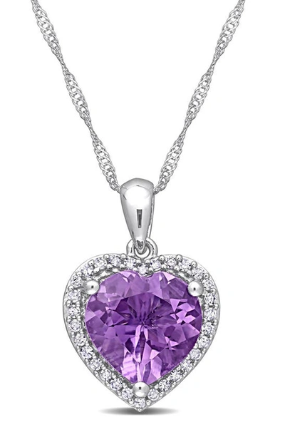 Shop Delmar Sterling Silver Diamond Halo Amethyst Heart Pendant Necklace In Purple