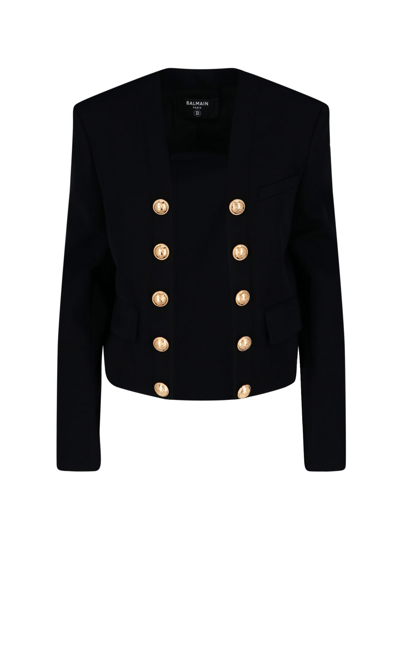 Balmain Cropped Button-embellished Wool Jacket In Black | ModeSens