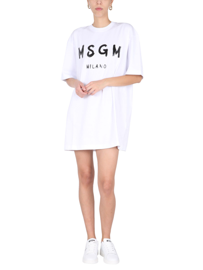 Shop Msgm Dress With Logo Print In Bianco