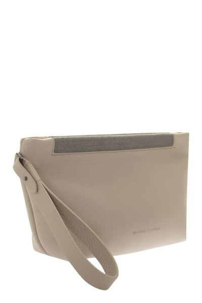Shop Brunello Cucinelli Soft Clutch Bag In Texture Calfskin With 'precious Opening' In White