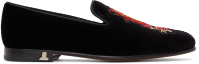 Shop Lanvin Black Velvet Tailor Loafers In 1090 Black/orange