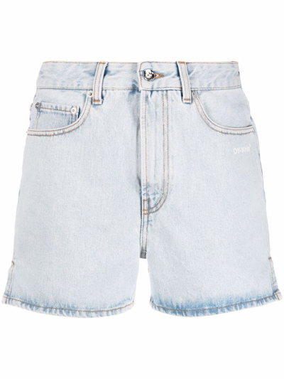 Shop Off-white Diag Print Blue Denim Shorts
