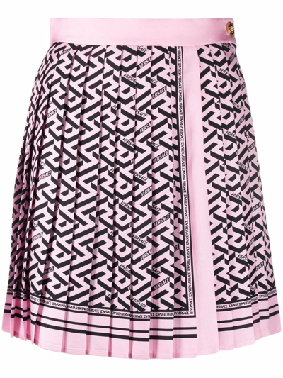 Shop Versace `la Greca` Print Pleated Skirt In Rosa