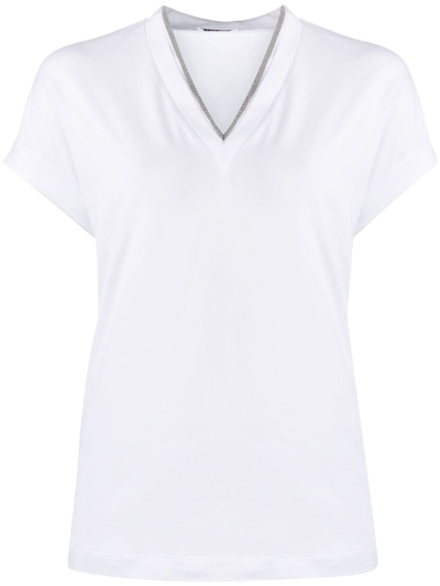 Brunello Cucinelli Monili V-neck Short-sleeve Cotton Jersey T-shirt In Bianco