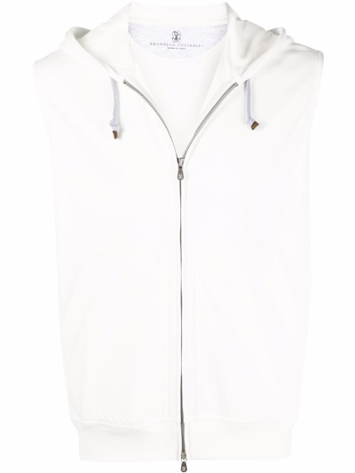 Shop Brunello Cucinelli Sleeveless Full-zip Hoodie In Bianco