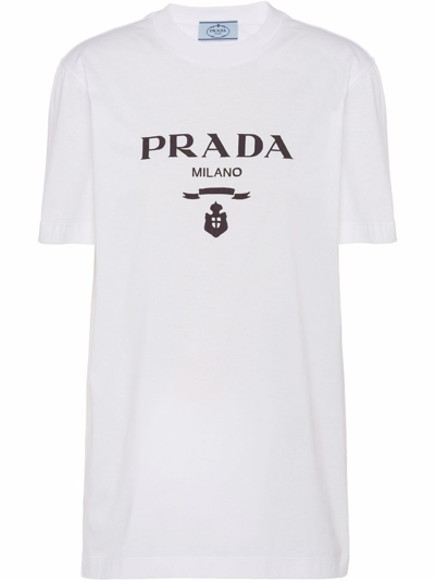 Shop Prada Embroidered Jersey T-shirt In Bianco