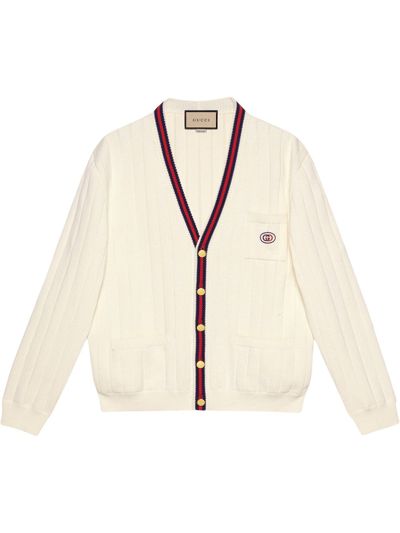 Shop Gucci Knit Cotton V-neck Cardigan With Web In Beige