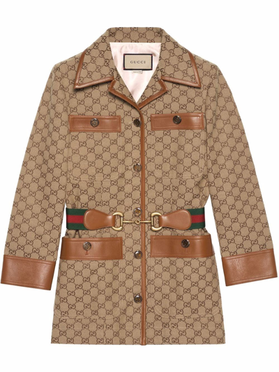 Shop Gucci Gg Canvas And Leather Jacket In Marrone