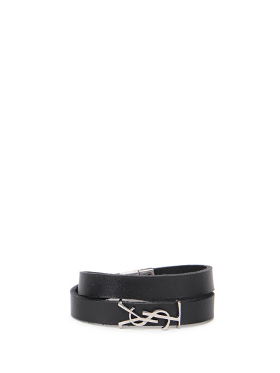 Shop Saint Laurent `opyum` Double Wrap Bracelet Smooth Leather And Metal In Nero