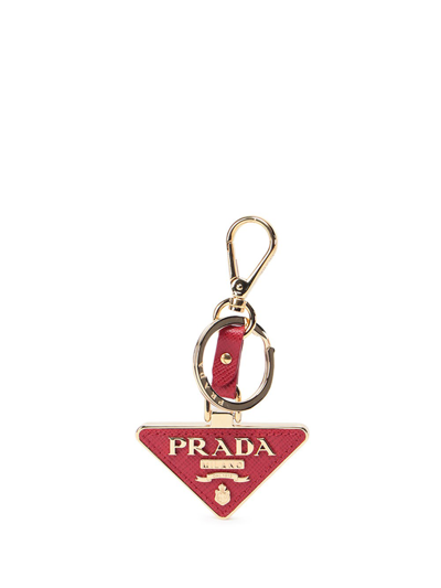 Shop Prada Saffiano Leather And Metal Keychain In Rosso