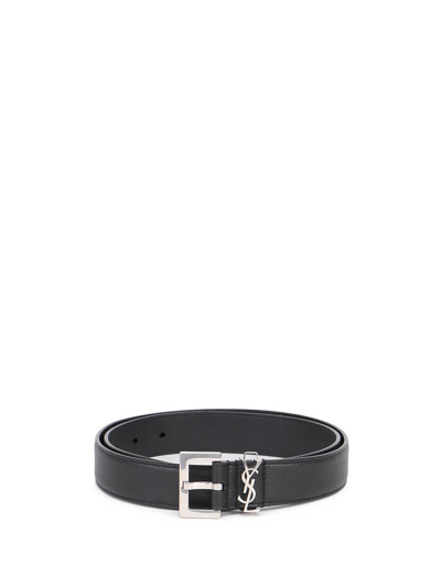 Shop Saint Laurent `cassandre` Belt In Black  