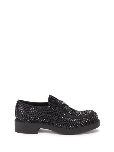 Shop Prada `crystal` Loafers In Nero