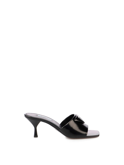 Shop Prada Brushed Leather Mid-heeled Slides In Nero