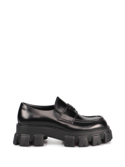 Shop Prada `monolith` Brushed Leather Loafers In Nero