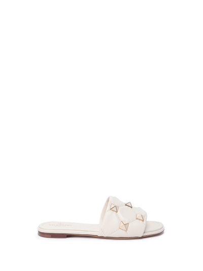 Shop Valentino Roman Stud` Flat Slide Sandals In Beige