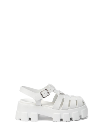 Shop Prada `monolith` Leather Cage Sandals In Bianco