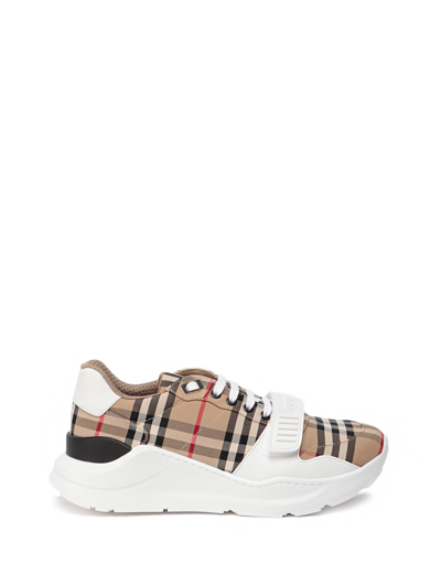 Shop Burberry `new Regis` `check` Sneakers In Beige