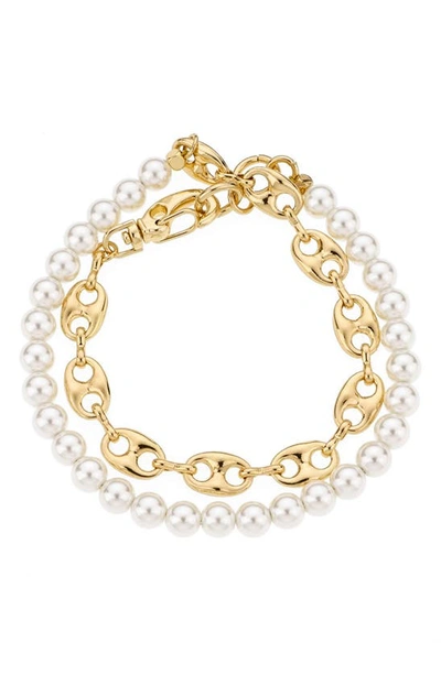 Ettika Pearl And 18k Plated Modern Chain Link Wrap Bracelet In Gold