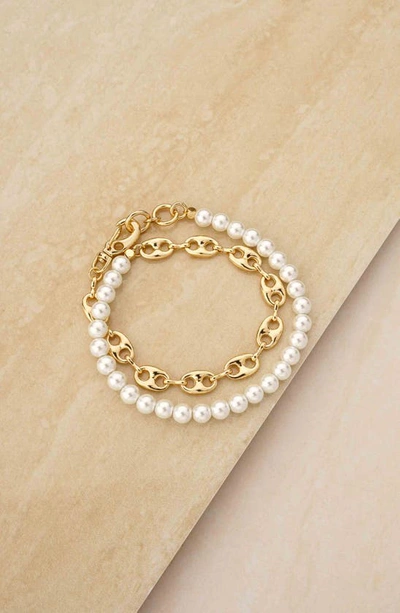 Ettika Pearl And 18k Plated Modern Chain Link Wrap Bracelet In Gold