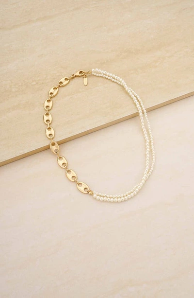 Shop Ettika Meet Me Halfway Imitation Pearl & Mariner Link Necklace In Gold