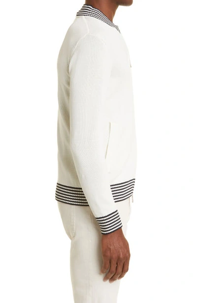 Shop Eleventy Knit Cotton Bomber Jacket In White-navy