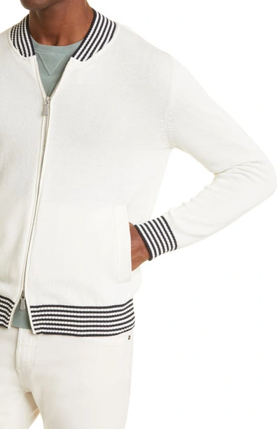 Shop Eleventy Knit Cotton Bomber Jacket In White-navy