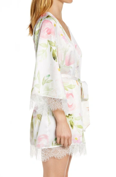 Shop Homebodii Fleur Floral Print Short Satin Robe In Pink Floral