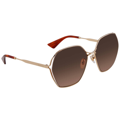 Shop Gucci Brown Geometric Ladies Sunglasses Gg0818sa-002 63 In Brown,gold Tone