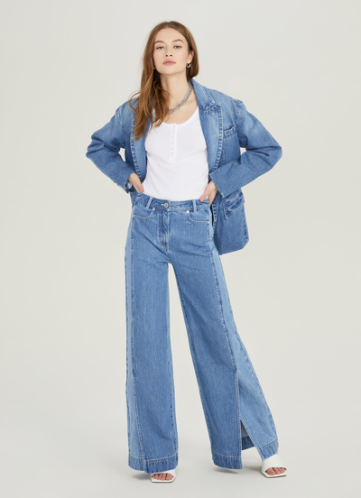Shop Something Navy Two-toned Wide Leg Denim With Slits In Medium Blue
