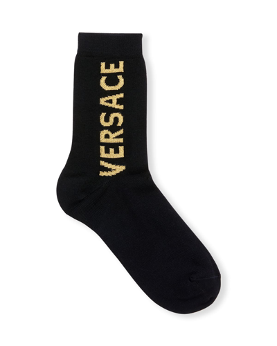 Shop Versace Logo Intarsia Socks In Black/gold