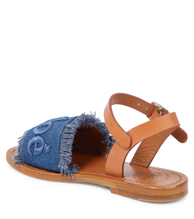 Shop Chloé Kids Leather-trimmed Denim Sandals In Denim Blue