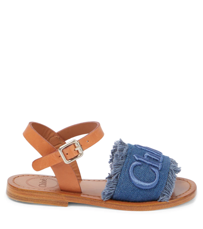 Shop Chloé Kids Leather-trimmed Denim Sandals In Denim Blue