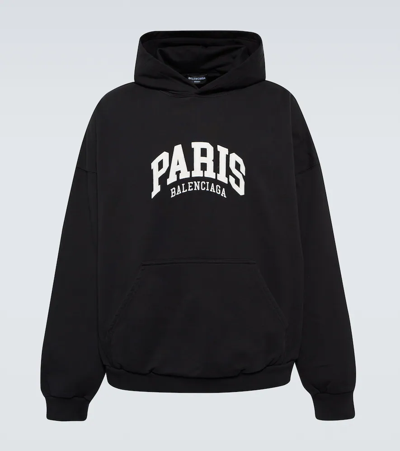 Shop Balenciaga Cities Paris Cotton Jersey Hoodie In Black/white