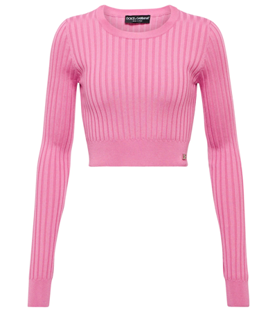 Shop Dolce & Gabbana Dg Ribbed-knit Silk Cropped Sweater In Rosa Confetto Scuro