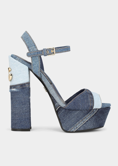 Shop Dolce & Gabbana Keira Denim Patchwork Platform Sandals In Blue