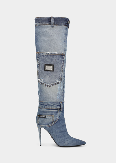 Shop Dolce & Gabbana Blue Jean Denim Patchwork Stiletto Boots