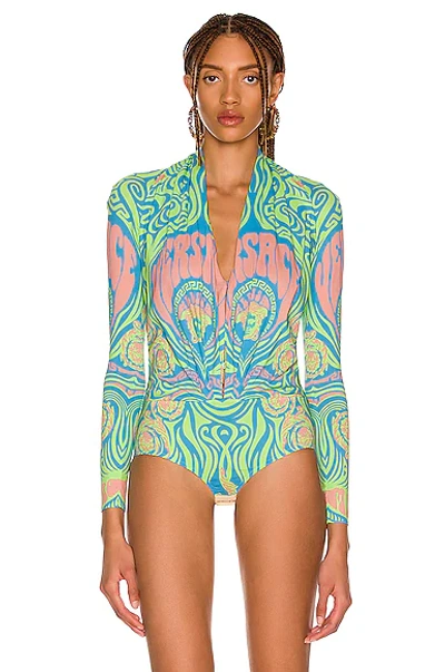 Shop Versace Medusa Music Long Sleeve Bodysuit In Neon Green & Sky