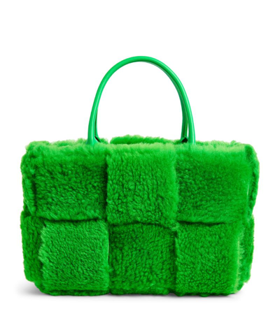 Shop Bottega Veneta Small Shearling Intreccio Arco Tote Bag In Green